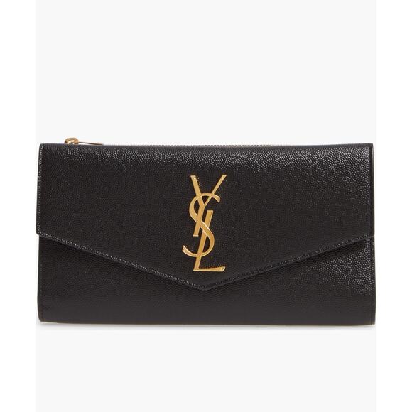 Saint Laurent Large Uptown Black Leather Wallet YSL Monogram Gold Hardware NIB - Picture 1 of 13